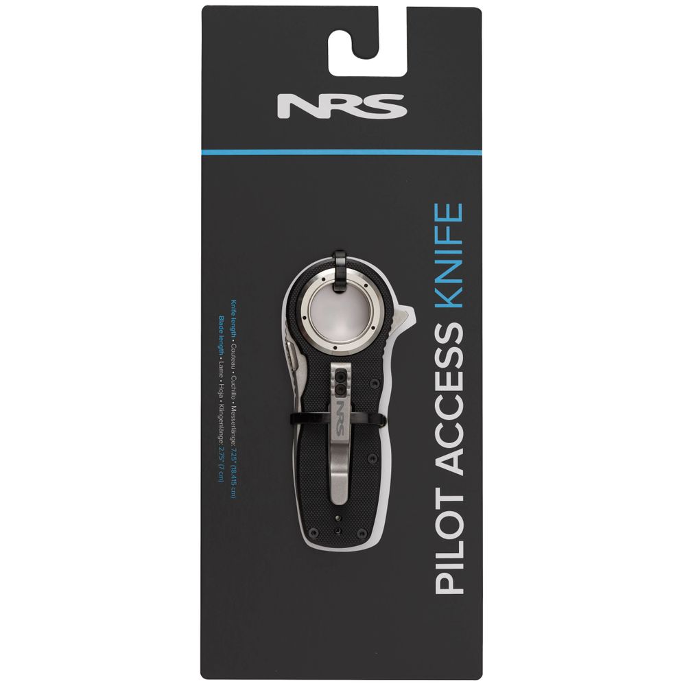 The NRS Pilot Access Knife is packaged with a sleek black and silver design, showcasing its stainless steel serrated blade on an elegant black card.