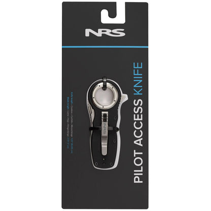 The NRS Pilot Access Knife is packaged with a sleek black and silver design, showcasing its stainless steel serrated blade on an elegant black card.