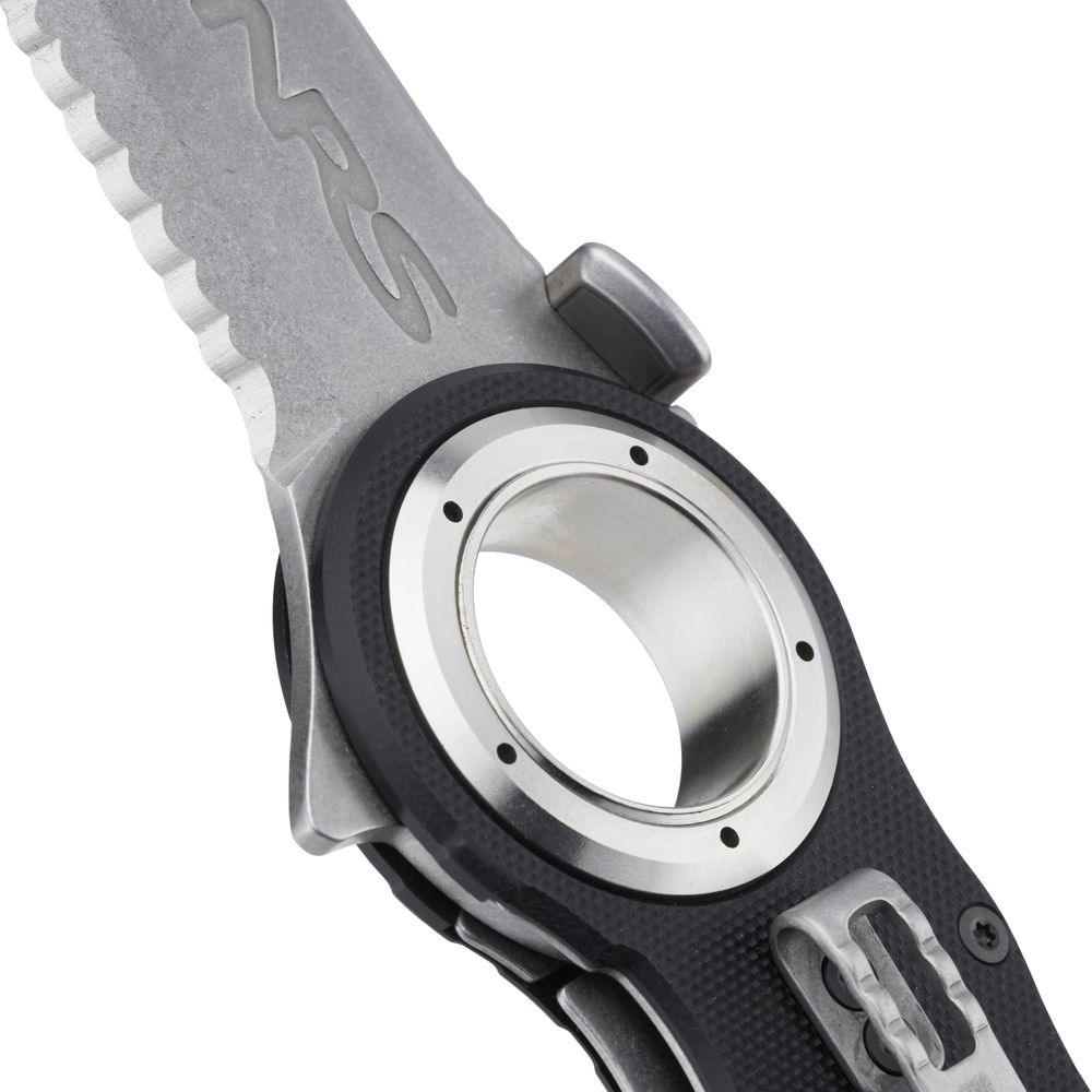 Close-up of an NRS Pilot Access Knife with a serrated stainless steel blade, circular finger hole, all-weather G10 textured grip, and metallic details.