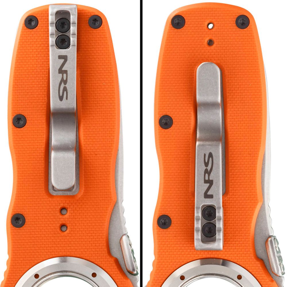 Close-up of two NRS Pilot Access Knives with orange handles and silver clips. The left knife's clip is attached, while the right clip is removed, showing screws and holes. Each knife features a serrated edge and a stainless steel blade for durability and precision.
