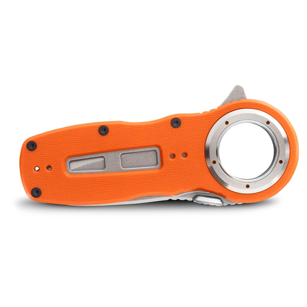 The NRS Pilot Access Knife is an orange handheld tool with a circular metal opening at one end and black screws on the surface, featuring a durable all-weather G10 handle.