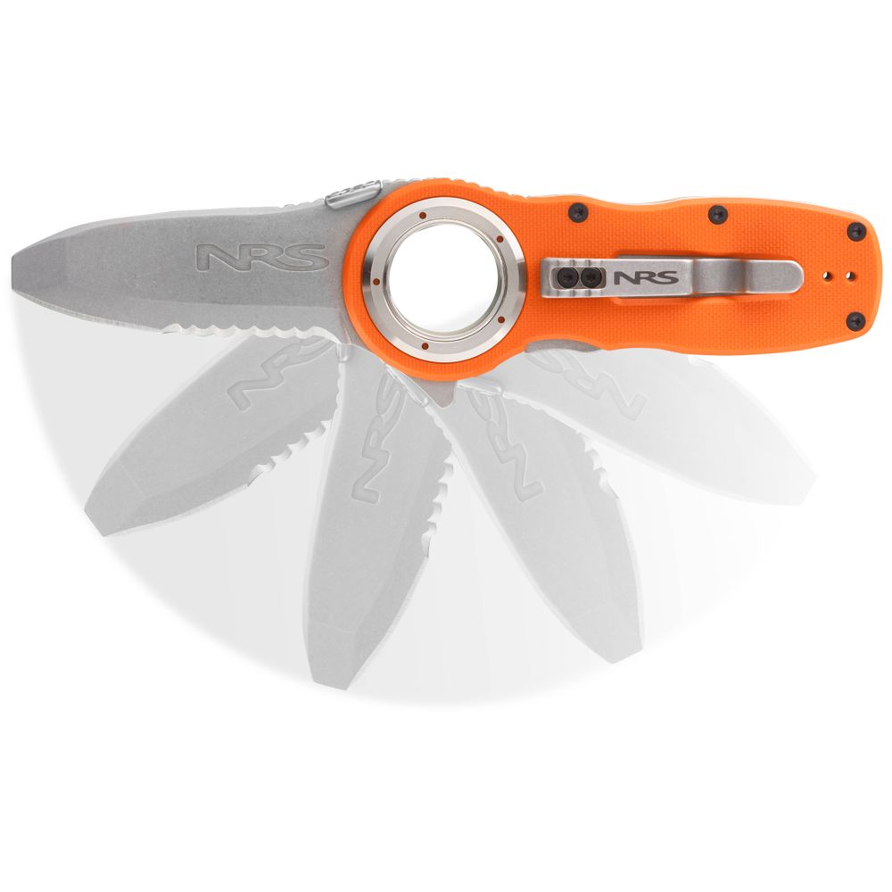 The NRS Pilot Access Knife offers a sleek stainless steel blade and a durable all-weather G10 orange handle. Its unique rotation mechanism provides multiple blade positions, combining style with functionality for any situation.
