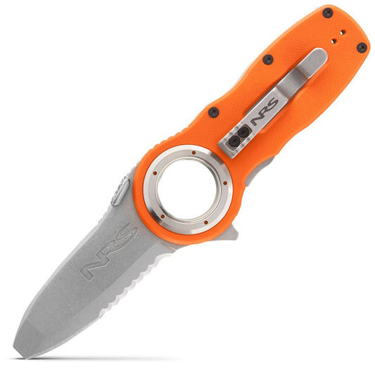 The Pilot Access Knife by NRS boasts an orange handle, a partially serrated stainless steel blade, and a convenient finger hole near the hinge, with "NRS" displayed on both the blade and handle to showcase its unique craftsmanship.