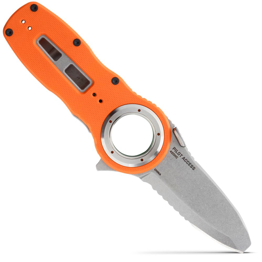 The NRS Pilot Access Knife features a bright orange handle and a partially serrated stainless steel blade with a circular cutout in the center for easy handling.