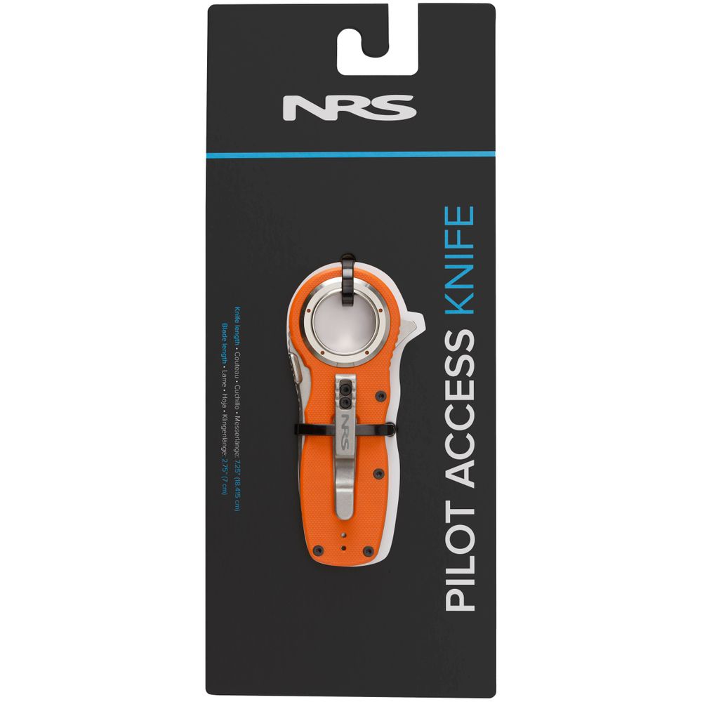 The NRS Pilot Access Knife boasts a bright orange handle and comes on a black card with brand and product details. Its stainless steel blade ensures durability, and the serrated edge improves cutting efficiency in various situations.