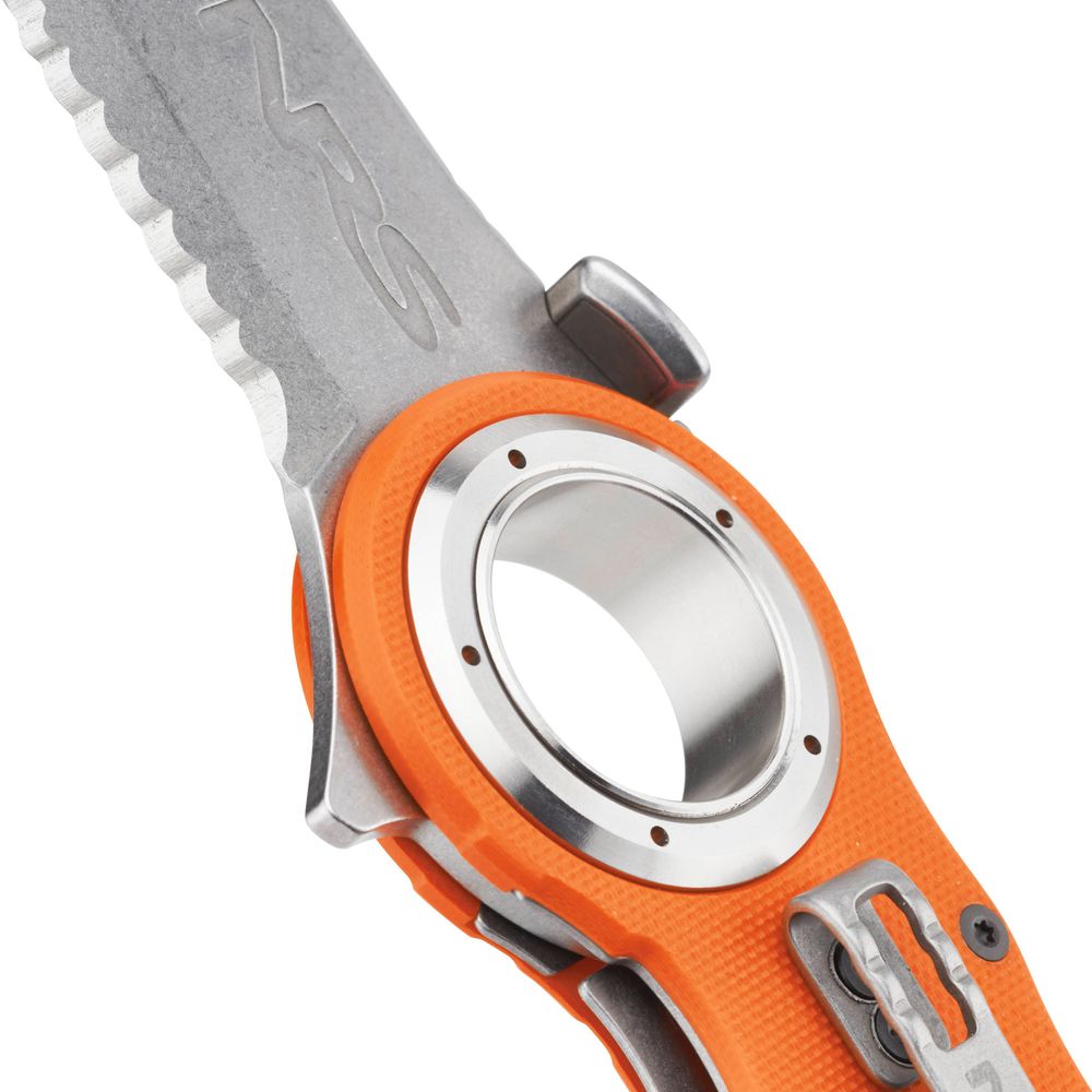 Close-up of the NRS Pilot Access Knife featuring a durable stainless steel serrated blade and a bright orange handle.