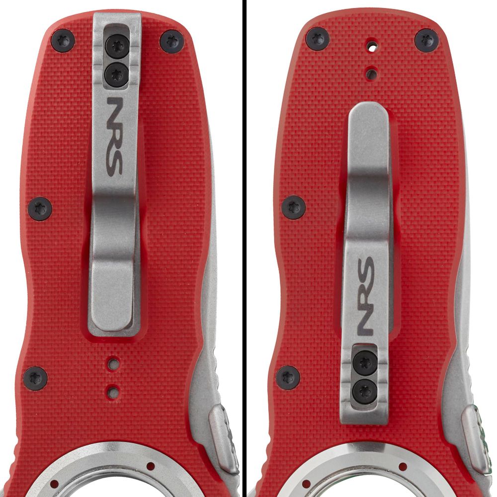 Two close-up images display the Pilot Access Knife by NRS with a red handle featuring a durable all-weather G10 grip and silver pocket clips engraved with the "NRS" logo, ensuring both durability and style.