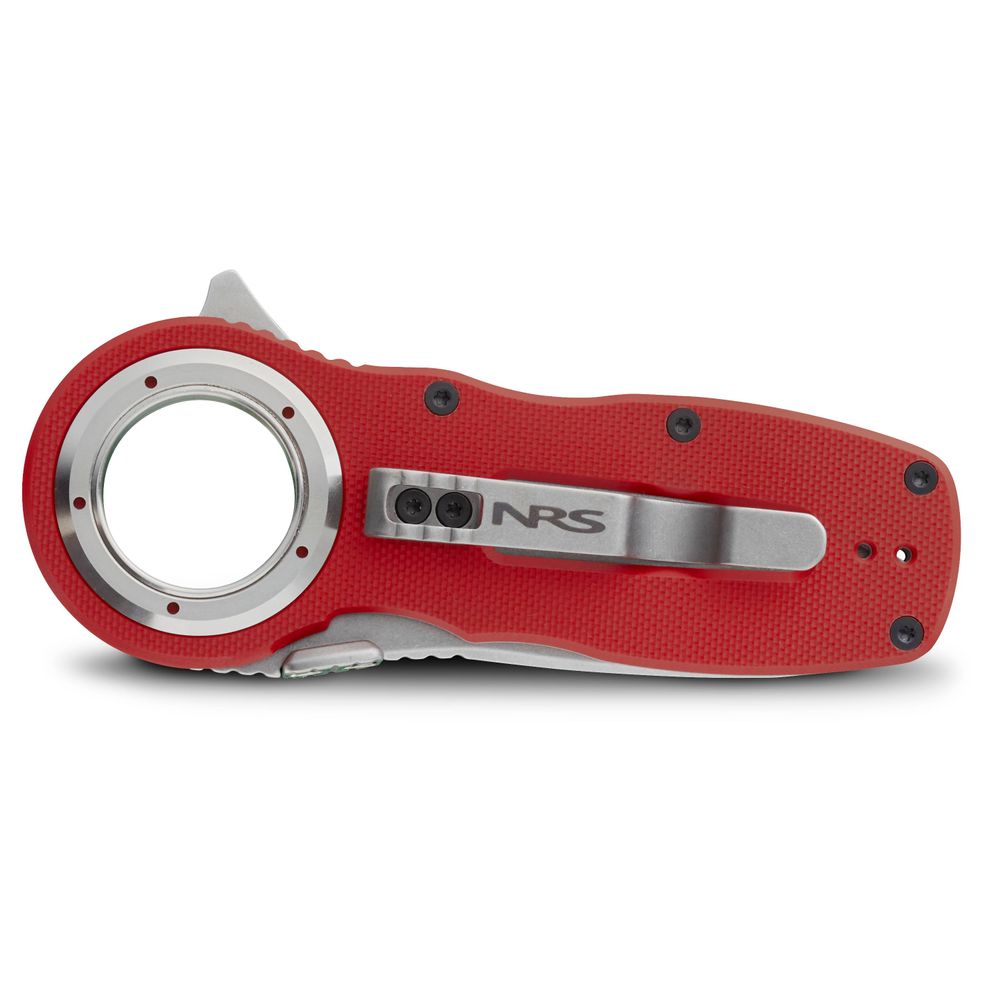 The Pilot Access Knife by NRS is a red folding knife with a serrated edge, circular handle, and silver clip labeled "NRS.