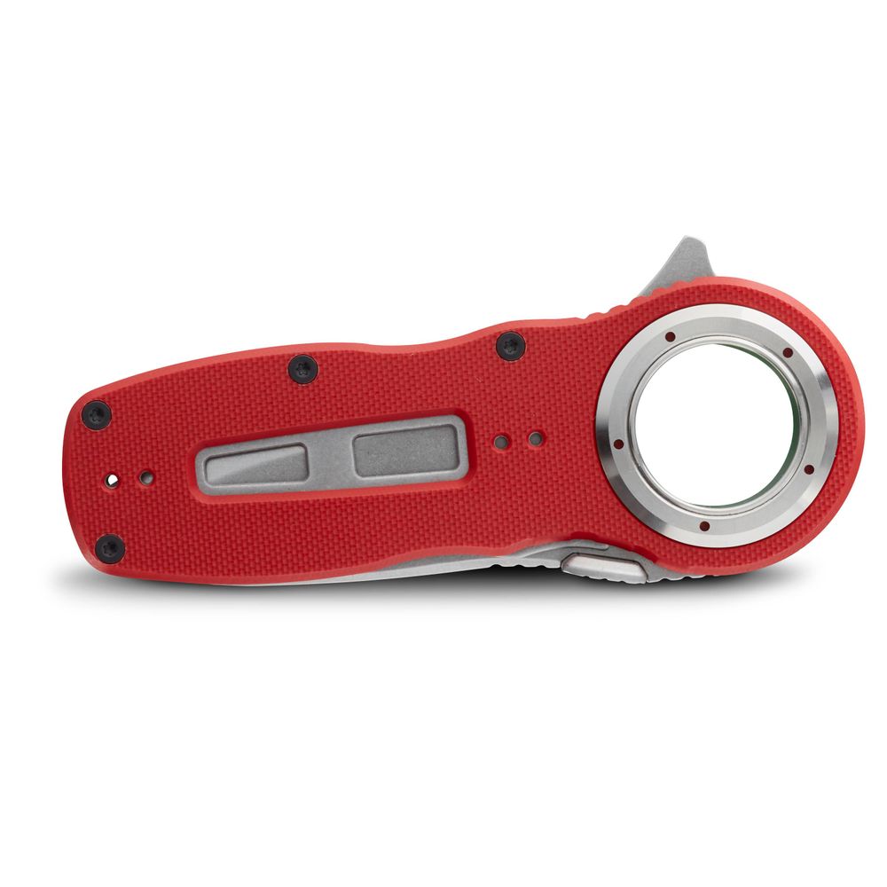 The NRS Pilot Access Knife is a red and silver tool featuring a stainless steel blade with a circular opening designed for grip and cutting.