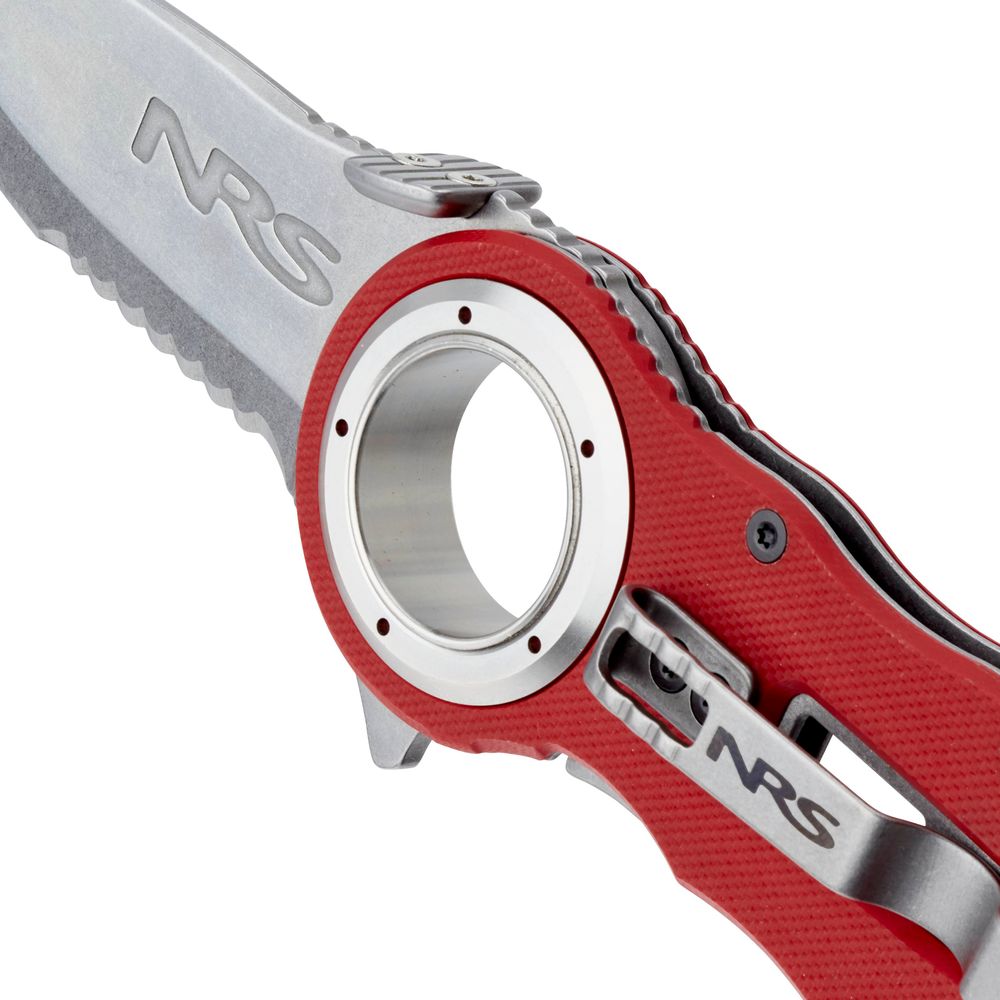 Close-up of the Pilot Access Knife by NRS, showcasing a stainless steel blade, red handle with a round ring, and textured grip.