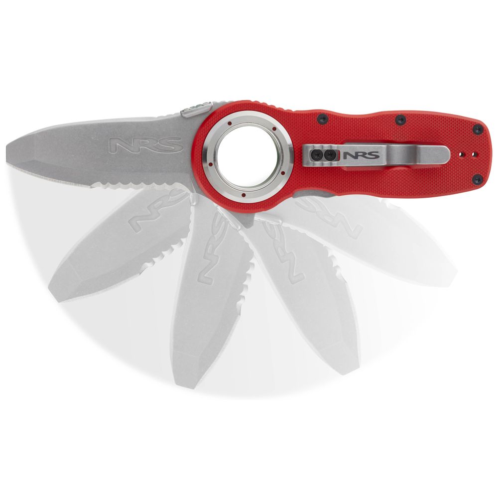 The NRS Pilot Access Knife includes a red G10 handle for all-weather use and a stainless steel blade. Its circular locking mechanism ensures reliability, permitting partial opening to showcase its smooth movement.