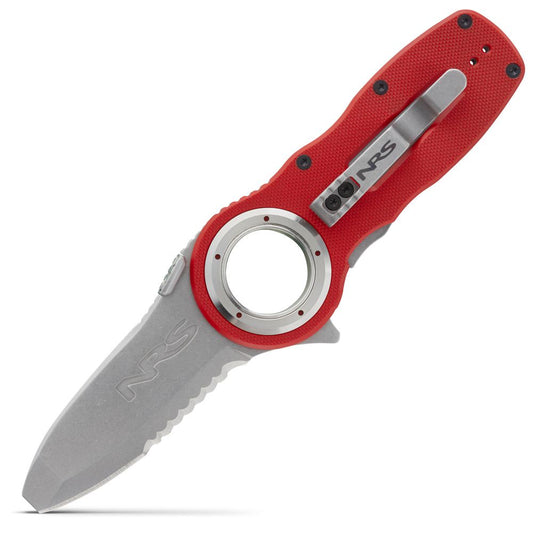 The NRS Pilot Access Knife features a sleek stainless steel blade, red handle with serrated edge, circular cutout near the hilt, and a metallic clip.