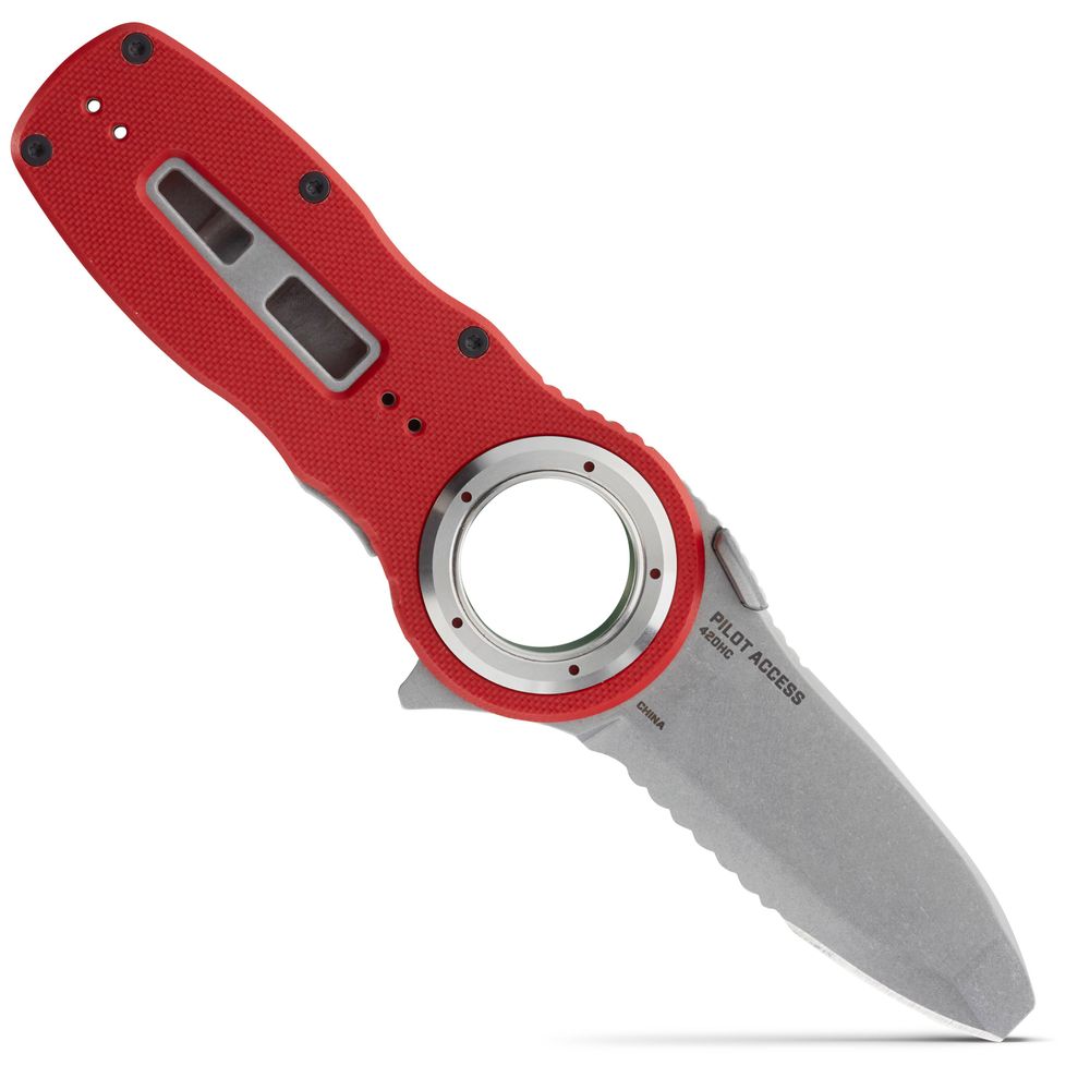 The NRS Pilot Access Knife features a robust stainless steel blade and a red, weather-resistant G10 handle with a textured grip and circular opening for easy use in any condition.
