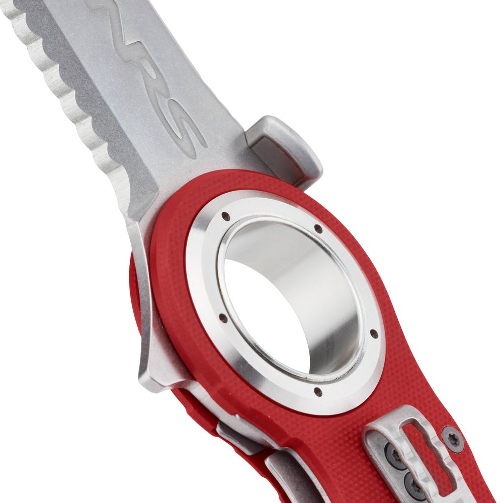 Close-up of the NRS Pilot Access Knife featuring a serrated stainless steel blade, unique loop handle, and all-weather G10 grip. Its striking red and silver colors enhance its appeal.