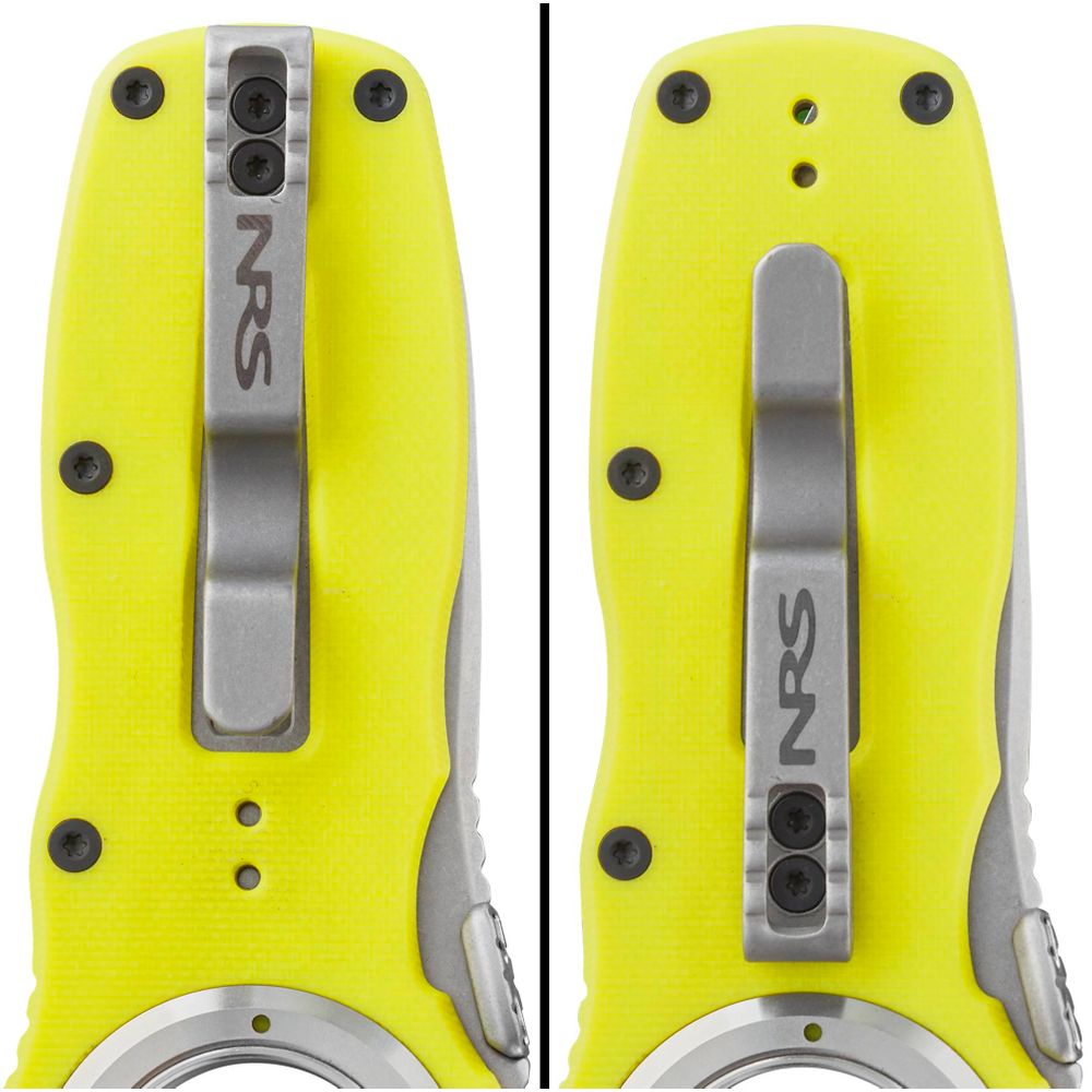 Close-up of two NRS Pilot Access yellow folding knives with stainless steel blades and metal clips, featuring "NRS" engraving, shown side by side to highlight their sleek design and serrated edges.