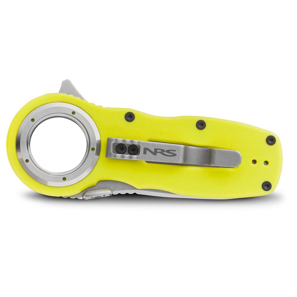 The Pilot Access Knife by NRS combines a yellow and silver stainless steel blade, a circular hole, and a handle clip. Its all-weather G10 handle is perfect for river rescues, showcasing NRS branding.