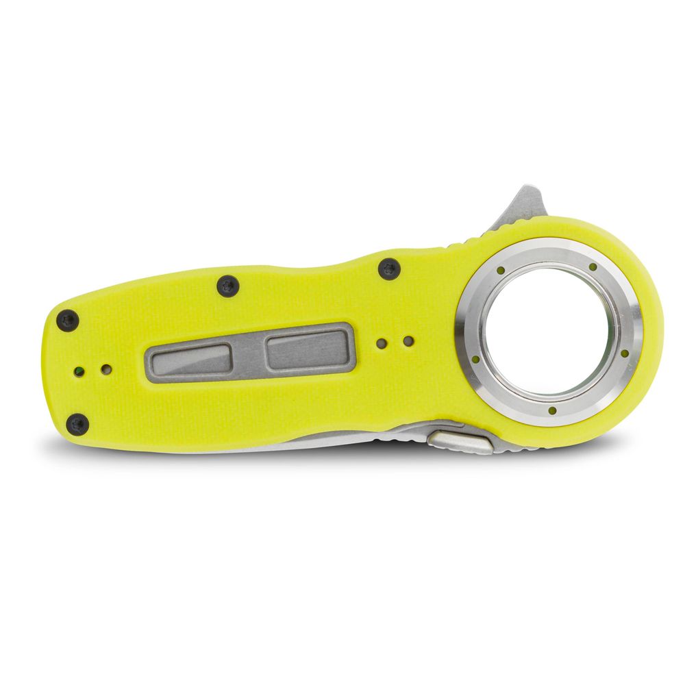 The NRS Pilot Access Knife, in vibrant yellow, features an all-weather G10 round handle and a durable stainless steel blade. Its visible metal components make it both practical and eye-catching when lying on its side.