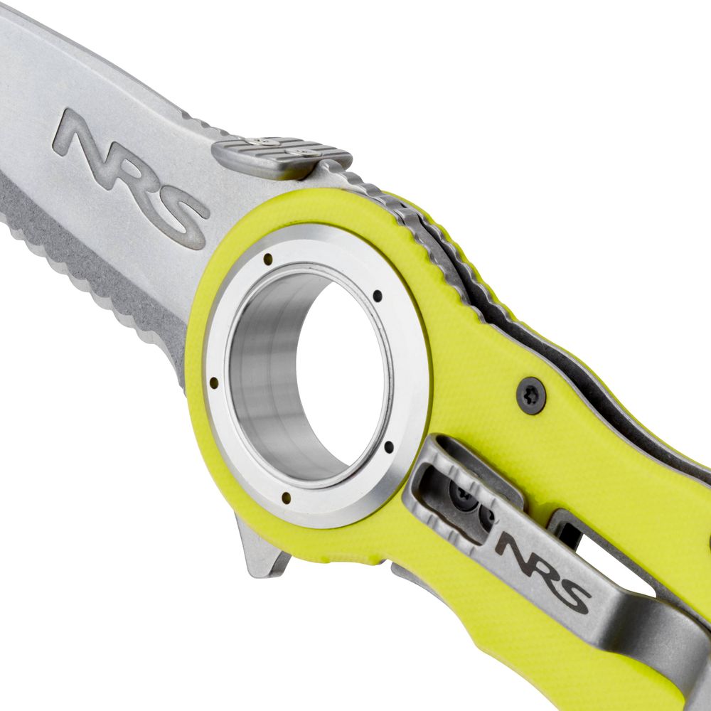 Close-up of the NRS Pilot Access Knife featuring a serrated stainless steel blade and lime green handle, with multiple NRS logos and a circular hole near the pivot.