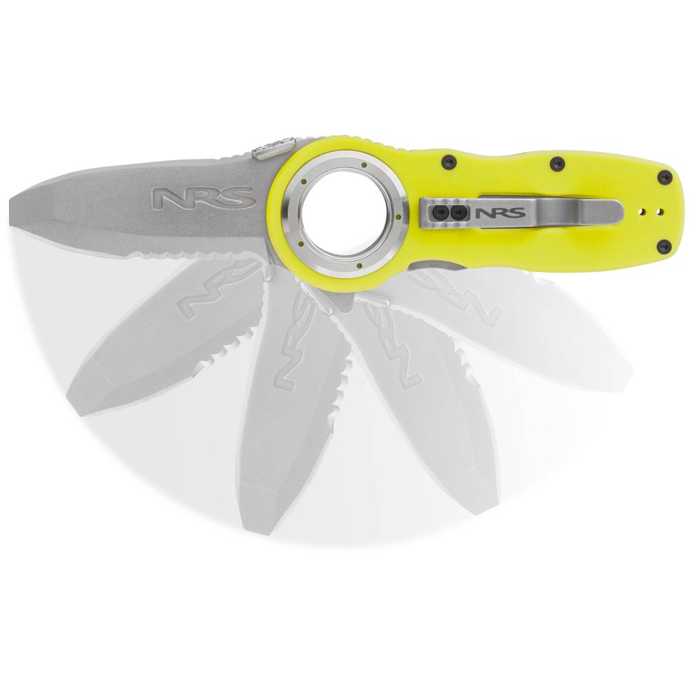 The NRS Pilot Access Knife boasts a vibrant yellow handle, a stainless steel blade featuring a fanned locking mechanism, multiple positions, and a serrated edge.