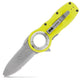 The Pilot Access Knife by NRS is a stainless steel folding knife with a serrated edge, circular thumb hole, yellow handle, and "NRS" marked on both the blade and handle.