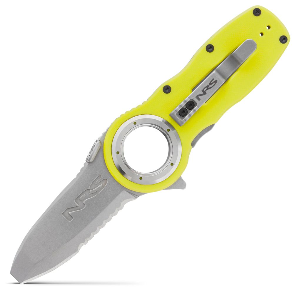 The Pilot Access Knife by NRS is a stainless steel folding knife with a serrated edge, circular thumb hole, yellow handle, and "NRS" marked on both the blade and handle.