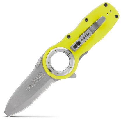 The Pilot Access Knife by NRS is a stainless steel folding knife with a serrated edge, circular thumb hole, yellow handle, and "NRS" marked on both the blade and handle.