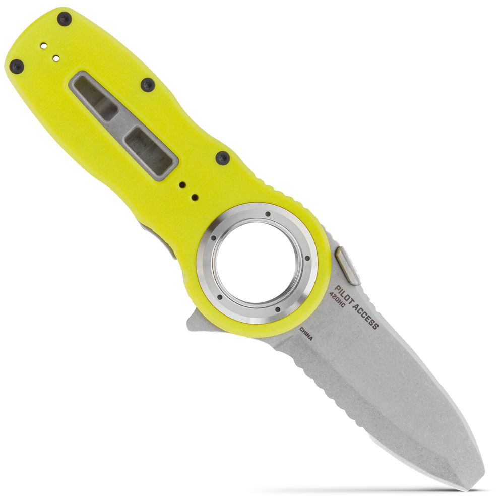 The Pilot Access Knife by NRS is a folding knife featuring a yellow handle, a circular hole near its stainless steel blade, and a partially serrated edge for versatile use.