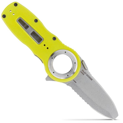 The Pilot Access Knife by NRS is a folding knife featuring a yellow handle, a circular hole near its stainless steel blade, and a partially serrated edge for versatile use.