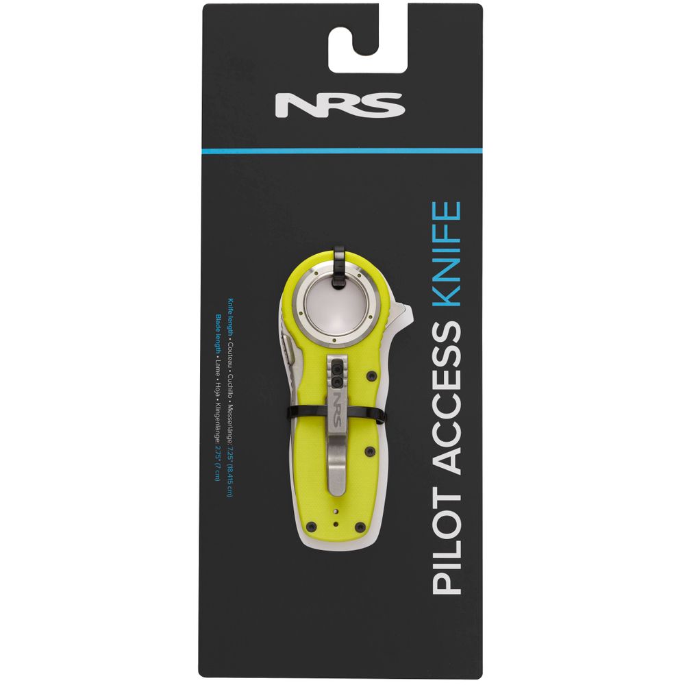 The NRS Pilot Access Knife features a vibrant yellow handle, sturdy metal clip, and a serrated stainless steel blade, all elegantly presented on a sleek black card with blue and white text.