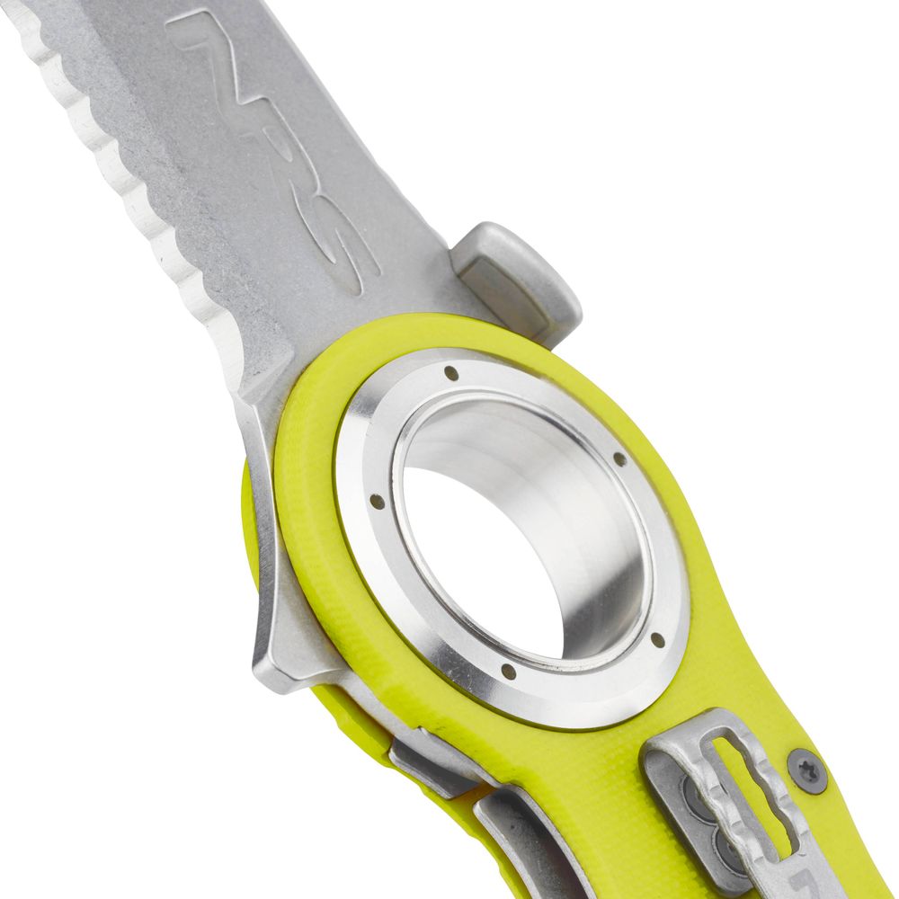 Close-up of the NRS Pilot Access Knife, showcasing a serrated metal blade and a vibrant yellow handle.