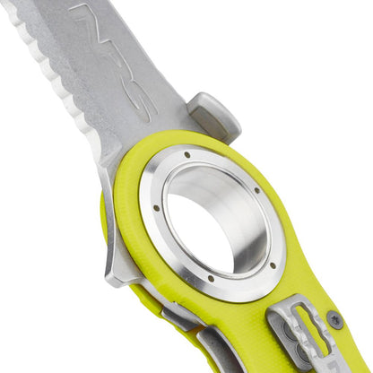 Close-up of the NRS Pilot Access Knife, showcasing a serrated metal blade and a vibrant yellow handle.