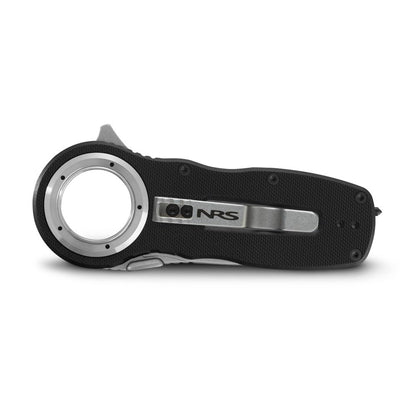A folded NRS Pilot Access SAR Knife in black and silver, featuring a metal loop, textured handle, and glass breaker is shown against a white background.