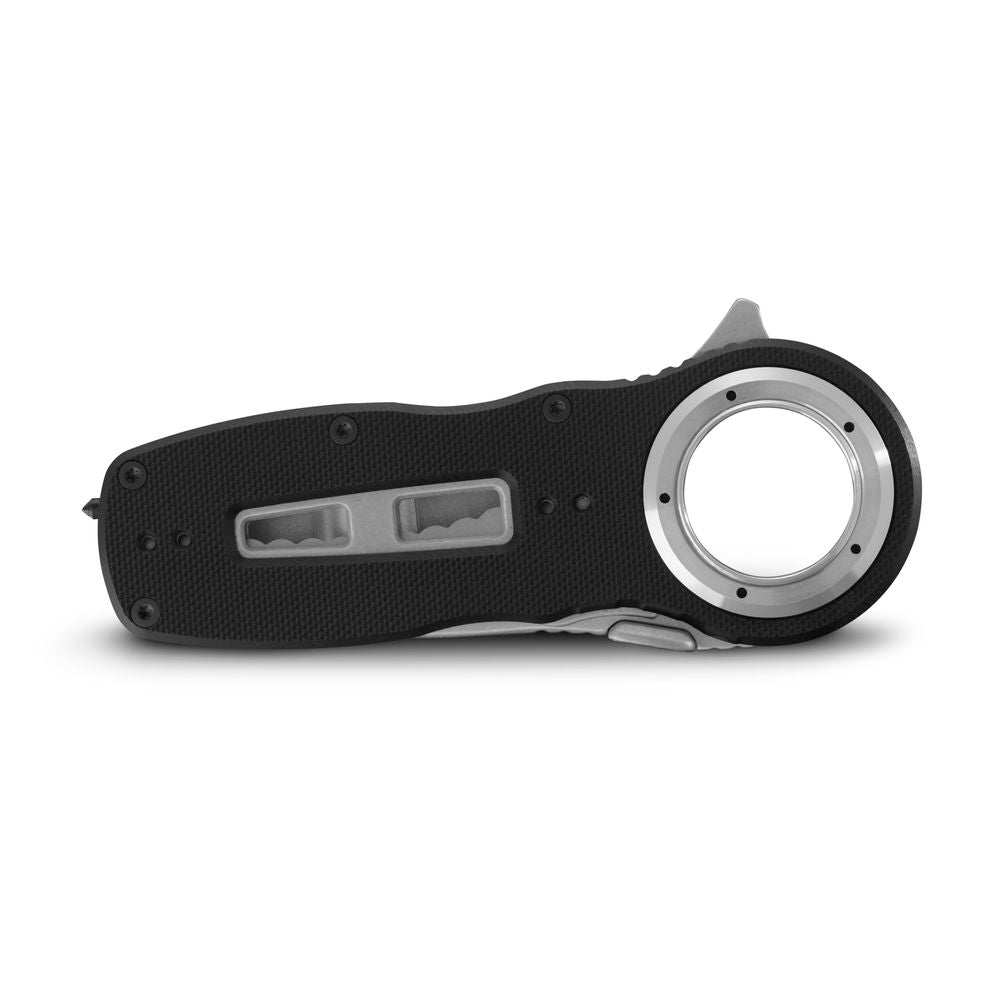 The NRS Pilot Access SAR Knife is a black and silver rescue tool featuring a large circular hole near the handle and a folding blade.