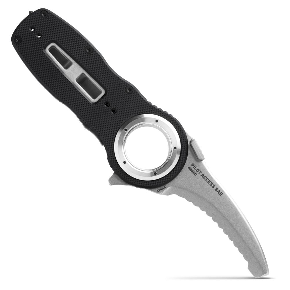 The NRS Pilot Access SAR Knife features a black handle, silver pivot ring, glass breaker, and a partially serrated curved blade marked "PILOT ACCESS BAR.