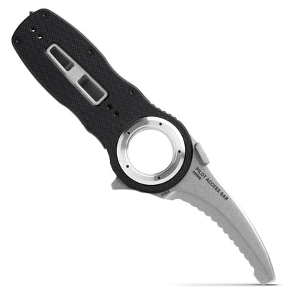 The NRS Pilot Access SAR Knife features a black handle, silver pivot ring, glass breaker, and a partially serrated curved blade marked "PILOT ACCESS BAR.