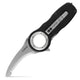 The NRS Pilot Access SAR Knife features a serrated curved hawksbill blade, black textured handle, circular finger hole, and metal pocket clip—designed for swiftwater rescue situations.
