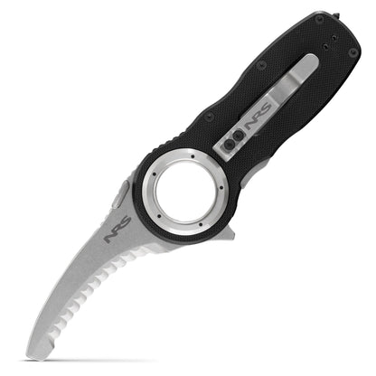 The NRS Pilot Access SAR Knife features a serrated curved hawksbill blade, black textured handle, circular finger hole, and metal pocket clip—designed for swiftwater rescue situations.
