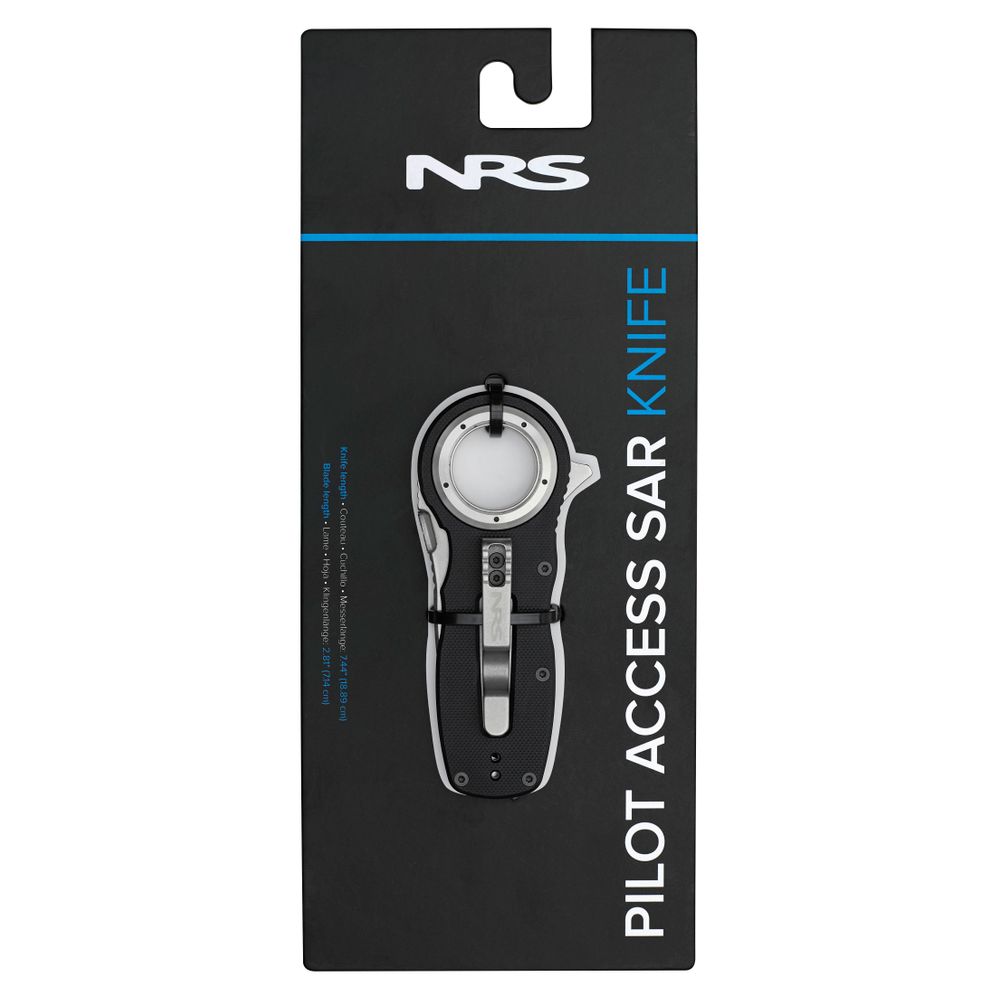 The NRS Pilot Access SAR Knife in black and silver features a glass breaker and is shown in its original packaging with the product name and NRS branding visible.
