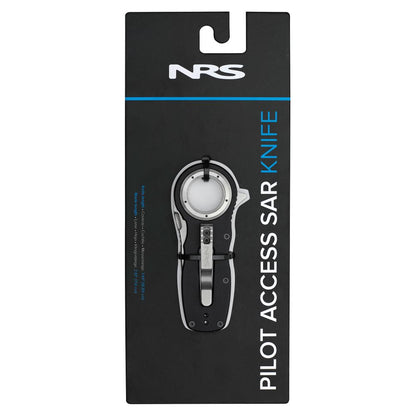 The NRS Pilot Access SAR Knife in black and silver features a glass breaker and is shown in its original packaging with the product name and NRS branding visible.