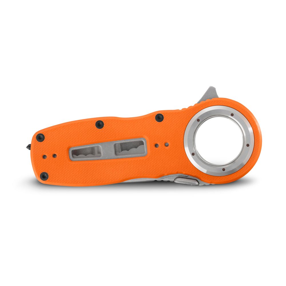 The NRS Pilot Access SAR Knife is a compact orange and gray handheld multitool with a circular cutout, textured grip, folding design, and several visible embedded tools.