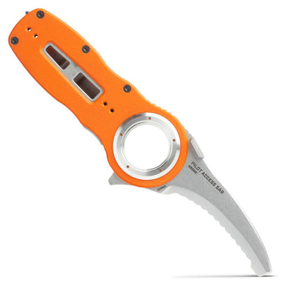 The NRS Pilot Access SAR Knife features a curved, serrated blade and an orange textured handle with a large circular hole and two rectangular cutouts—perfect for swiftwater rescue situations.