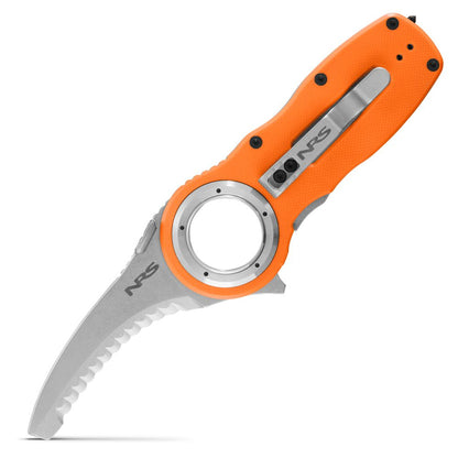 The NRS Pilot Access SAR Knife is shown closed, featuring an orange handle, curved serrated stainless steel blade, and a finger hole near the base.