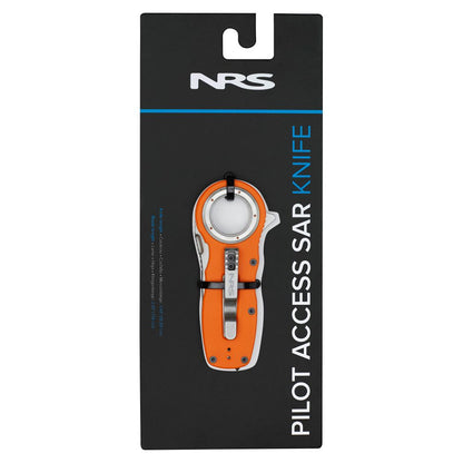 The NRS Pilot Access SAR Knife, a reliable orange swiftwater rescue tool, is shown in black retail packaging featuring the product name and NRS branding.