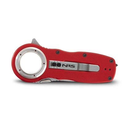 The NRS Pilot Access SAR Knife features a red handle, folding design with a circular hole near one end, a metal clip engraved with "NRS," and an exposed glass breaker tip.