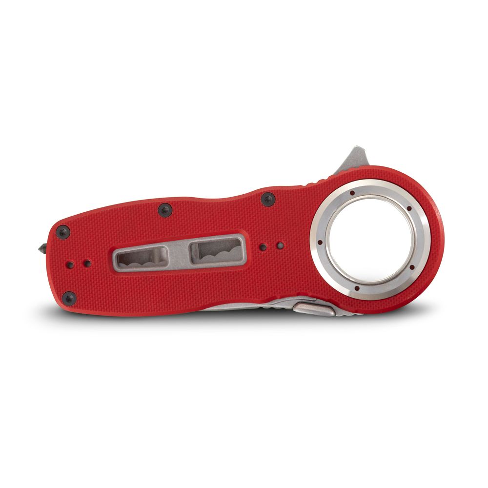 The NRS Pilot Access SAR Knife is shown closed, featuring a red handle with textured grip, visible screws, a round metal opening, and multiple built-in tools.