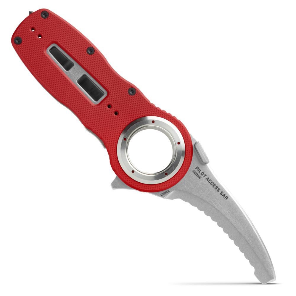 The NRS Pilot Access SAR Knife features a red handle, silver partially serrated blade labeled "FIELD ACCESS BAR," and a large circular hole near the pivot—ideal for swiftwater rescue operations.