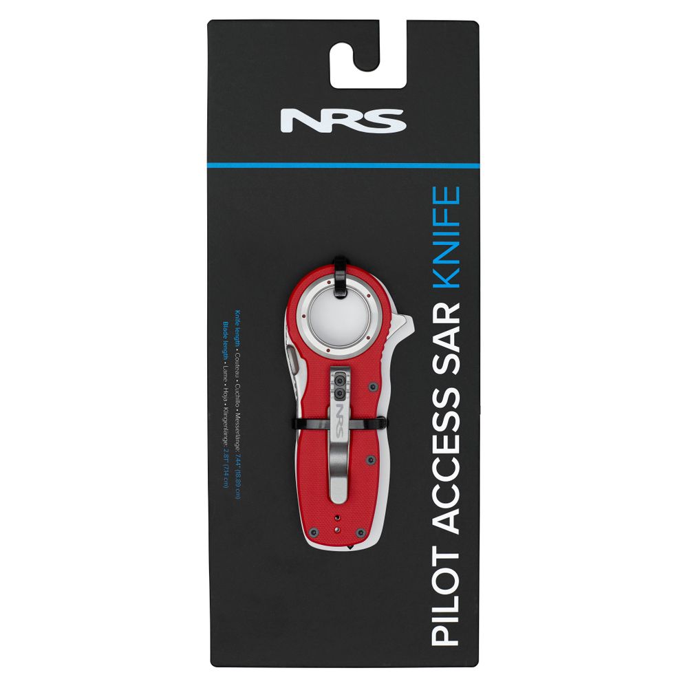 A red NRS Pilot Access SAR Knife is displayed on a black card labeled “PILOT ACCESS SAR KNIFE,” featuring NRS branding and product details.
