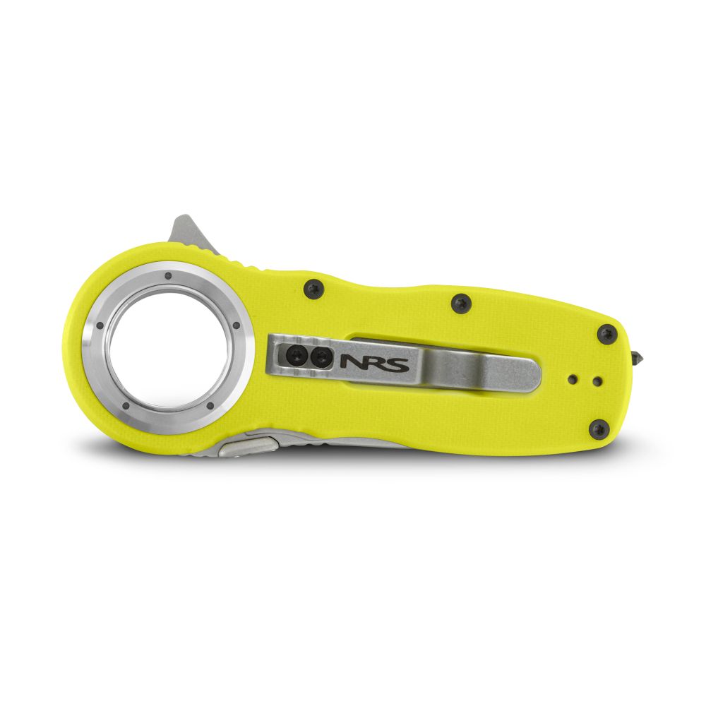A folded yellow NRS Pilot Access SAR Knife featuring a round grip hole, metal clip, and visible "NRS" logo on the handle.