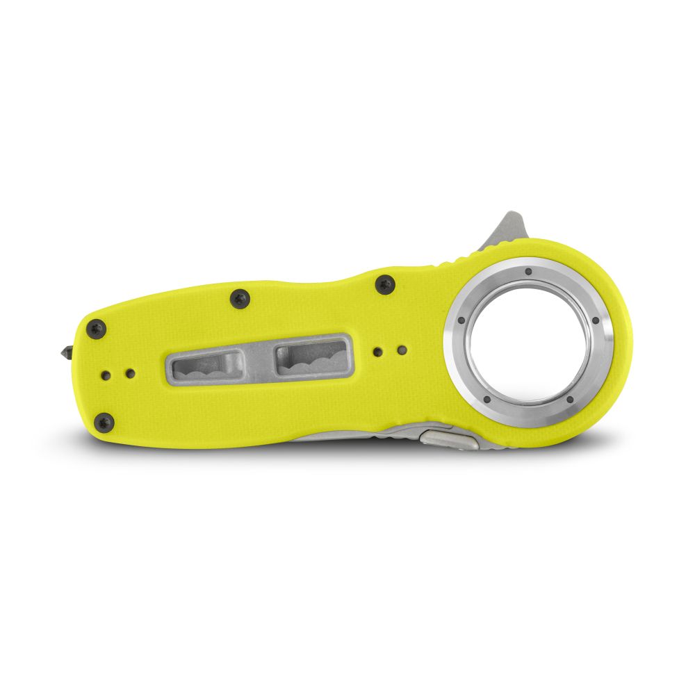 The NRS Pilot Access SAR Knife is a compact yellow folding rescue knife with a circular metal ring, visible screws, and a window punch, shown against a white background.
