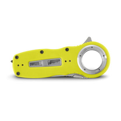 The NRS Pilot Access SAR Knife is a compact yellow folding rescue knife with a circular metal ring, visible screws, and a window punch, shown against a white background.